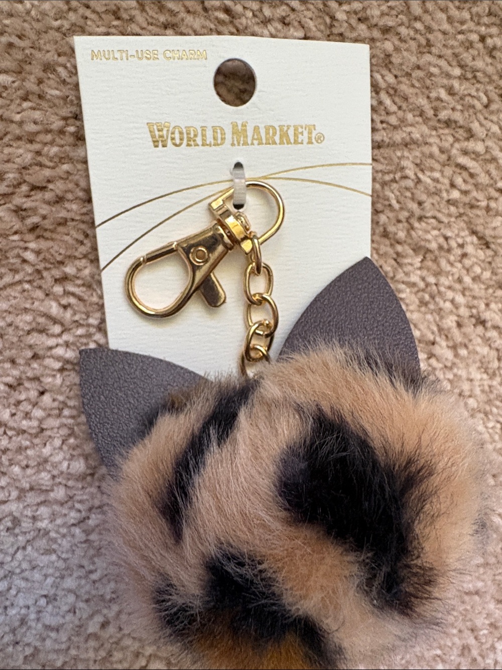 Cost Plus World Market Gold Hardware Faux Fur Brown & Black Cat Pom Keychain